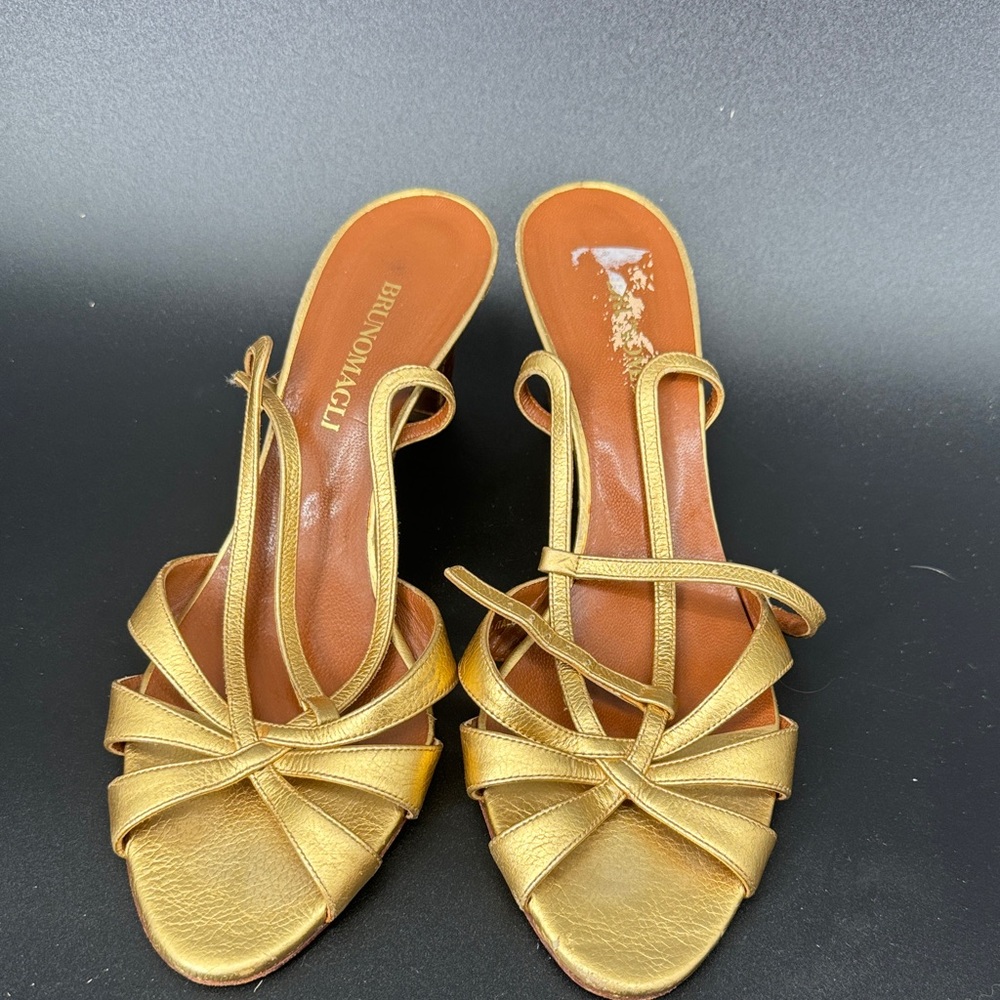 Bruno Magli Metallic Gold Strappy Slide Heels